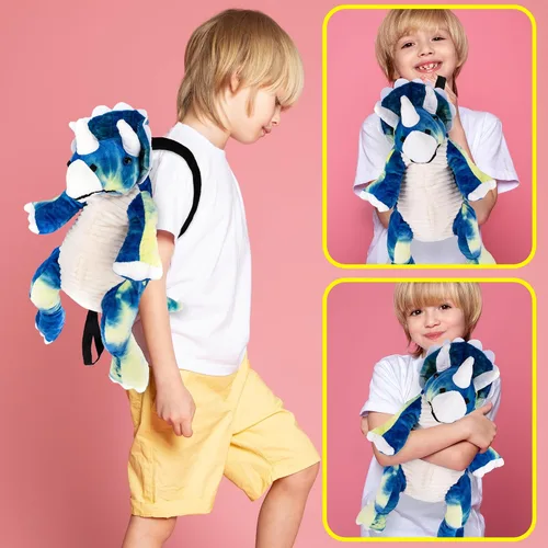 Vista 5 de ArtCreativity Mochila de dinosaurio de felpa, mochilas de animales de peluche de 22 pulgadas en forma de triceratops, bolsa de dinosaurio de peluche