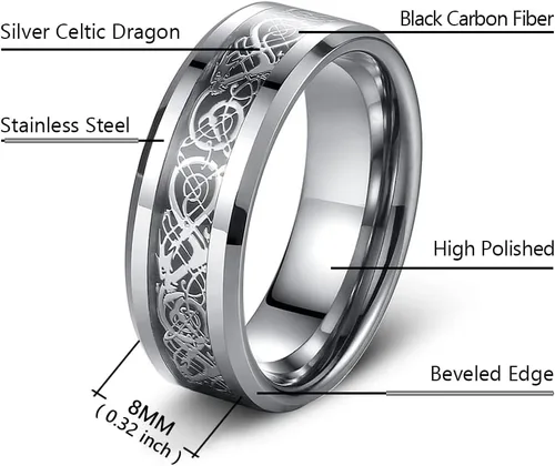 Vista 2 de Anillo de dragón celta para hombre de 0.315 pulgadas (0.315 in), plateado, negro, oro, azul, rojo, acero inoxidable, fibra de carbono, anillo