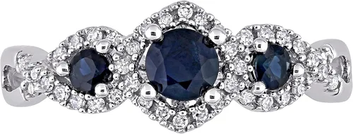 Vista 3 de Anillos de compromiso de oro blanco macizo de 10 quilates con zafiro azul de corte redondo para mujer, con engaste de garra de aniversario y boda
