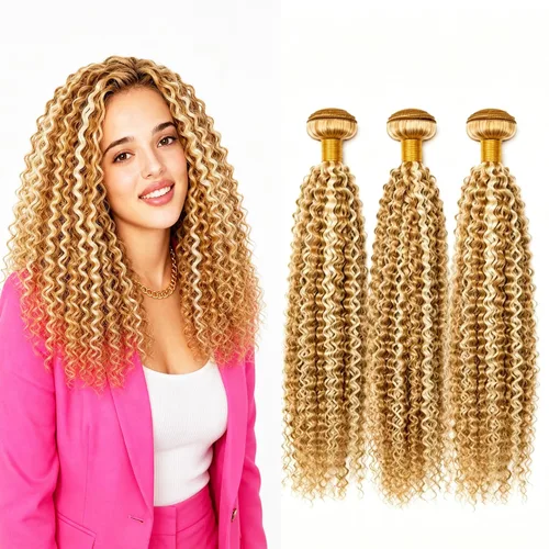 Vista 125 de P4613 Cabello humano rizado onda profunda marrón y paquetes mixtos 8 10 12 P4613 Ombre Marrón-Rubio-DP