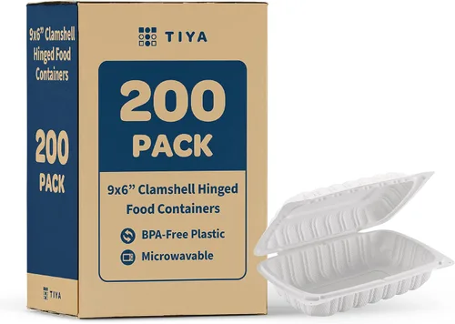 Vista 9 de TIYA - Recipientes de comida Clamshell color blanco, paquete de 150 unidades, 8 x 8 pulgadas, recipientes para llevar, plástico para microondas