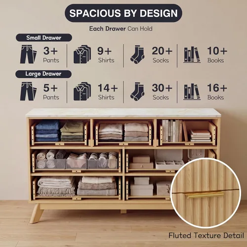 Vista 4 de JUMMICO Cómoda acanalada para dormitorio, 47.2 pulgadas de ancho Roble natural