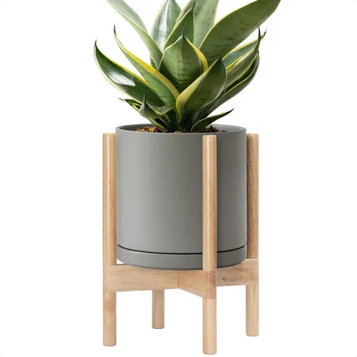 Vista 22 de D'vine Dev Maceta de cerámica con soporte de ébano – Maceta redonda moderna de 8 pulgadas con soporte para maceta de madera, color negro, 55-B-M-2