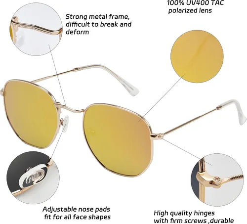 Vista 5 de Yaserra Lentes de sol hexagonales polarizados cuadrados pequeños con lente espejada, protección UV400, marco de metal para hombres y mujeres