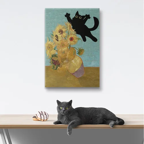 Vista 3 de Thcbme Arte de pared con diseño de gato, divertido diseño vintage de girasoles y gatos negros, póster retro para habitación, estética, sala