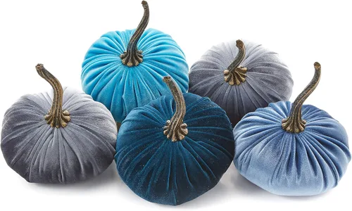Vista 28 de Juego de 4 pequeñas calabazas de franela de terciopelo y algodón, decoración a cuadros de búfalo blanco y negro, estantes de calabaza negra
