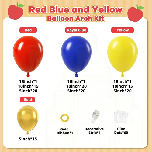 Vista 2 de Kit de guirnalda de arco de globos rojos, azules y amarillos, 131 piezas para decoraciones de fiesta de cumpleaños