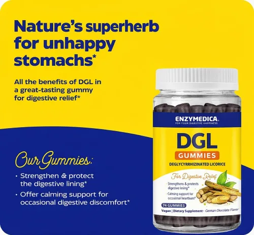 Vista 3 de Enzymedica DGL Suplemento para hombres y mujeres – DGL Gomitas de regaliz deglicirricinadas para apoyo digestivo y salud intestinal, alivia