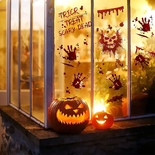 Vista 4 de MSQ 95 calcomanías de ventana sangrientas – Calcomanías extraíbles de huellas de mano para decoración de fiesta de Halloween, 9 hojas de calcomanías