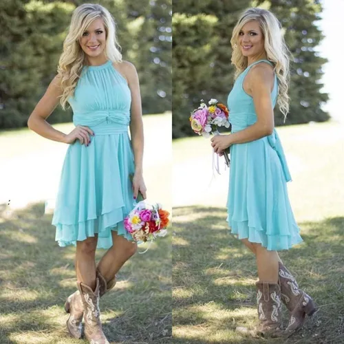 Vista 4 de DFDG Vestido de dama de honor para mujer corto plisado de gasa formal con bolsillos CM072