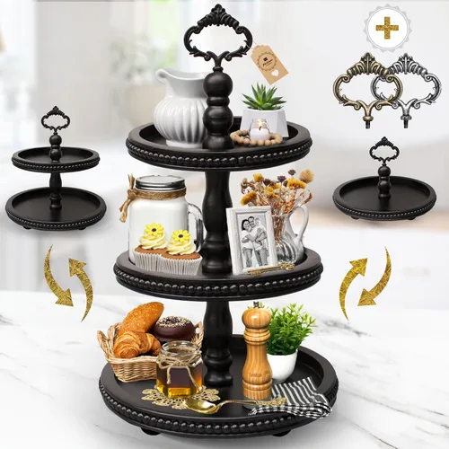 Vista 11 de Bandeja de madera de 2 niveles con soporte de servicio por Felt Creative Home Goods. Bandeja pequeña con detalle de cuentas para decoración