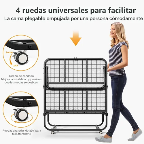 Vista 4 de INTERGREAT Cama plegable, cama portátil de tamaño individual de 75 x 38 pulgadas para adultos, camas plegables de metal para huéspedes con ruedas