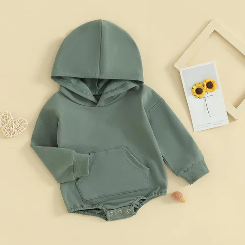 Vista 2 de Ropa de otoño para bebé, niño, niña, sudadera con capucha, mameluco liso de manga larga, ropa de invierno