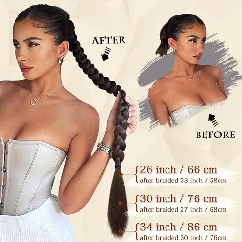 Vista 9 de SOFEIYAN Extensión de cola de caballo trenzada larga con banda elástica y mechón liso envolvente, extensiones de cabello naturales suaves