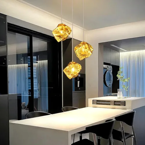 Vista 3 de Modernas luces colgantes doradas para isla de cocina, mini lámparas colgantes de vidrio, lámpara creativa de imitación irregular con forma de piedra