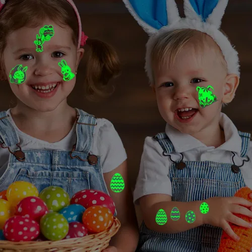 Vista 6 de CHARLENT Tatuajes temporales de Pascua que brillan en la oscuridad para niños, rellenos de cesta de Pascua, 74 hojas individuales, tatuajes