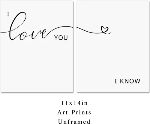 Vista 2 de I Love You I Know, decoración sobre la cama, juego de 2 impresiones, arte sobre la cama, letreros sobre la cama, impresión romántica con cita sobre