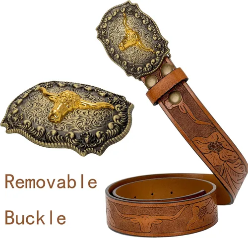 Vista 4 de Rodeo Western-Longhorn-Bull Cowboy-Belt para mujeres y hombres, cinturón de piel sintética con relieve floral para jeans