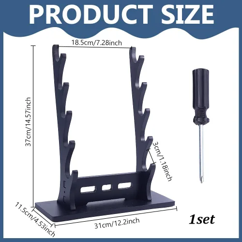Vista 2 de arricraft Soporte de espada, soporte de pared de 5 niveles, soporte de espada de madera para Katana, almacenamiento de caña de pescar para flauta