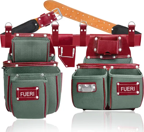 Vista 15 de FUERI - Cinturón de herramientas de cuero chocolate para hombres con funda de doble martillo, viene con bolsas de herramientas, cinturón no Cinturón