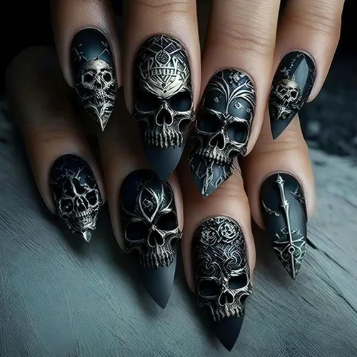 Vista 18 de Uñas postizas a presión para Halloween, cuadradas, cortas, con diseños de bosque lunar, uñas postizas con pegamento oscuro brillante en las uñas