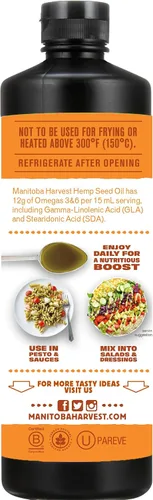 Vista 3 de Manitoba Harvest Aceite de semilla de cáñamo, prensado en frío, calidad premium, 0.44 onzas de omegas 3 y 6 por porción, hidrata y nutre la piel