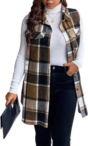 Vista 3 de Mina self Chaleco a cuadros para mujer, largo a la moda, casual, sin mangas, con botones y parte delantera abierta, con bolsillos