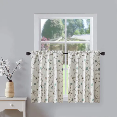 Vista 27 de VOGOL Cortinas de Nivel para Cocina para Ventana, Flores Azules y Enredaderas Bordadas Cortina de 24 Pulgadas de Largo, Cortinas Cortas Tratamiento