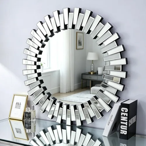 Vista 7 de Chende Espejo redondo – Espejo decorativo de 32 pulgadas con marco de vidrio biselado, acento moderno para sala de estar, vestíbulo, dormitorio