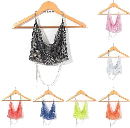 Vista 3 de Inzegao Camiseta corta sin mangas con diamantes de imitación brillantes para mujer, sexy, cadena de cristal, cuello en V, espalda descubierta, metal