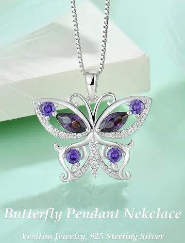 Vista 4 de Vesitim Collar de plata de ley 925 con diamantes de mariposa para mujer, piedra natal y circonita cúbica, collar con colgante de mariposa, joyería
