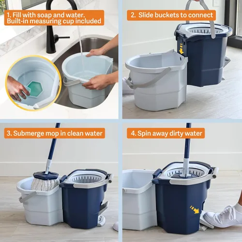 Vista 6 de Sistema de trapeador giratorio Casabella con recambio de cabezal de trapeador extra - Diseño de dos cubos con protector contra salpicaduras, taza