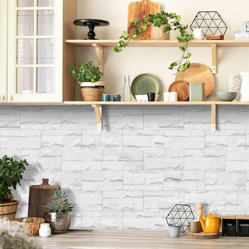 Vista 2 de Alwayspon 32 calcomanías de transferencia de azulejos de vinilo de espuma con efecto de mármol blanco de 4 x 8 pulgadas, para despegar y pegar