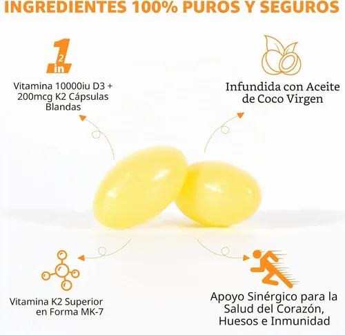 Vista 3 de flasture Suplemento de Vitamina D3 K2 en Cápsulas Blandas, 10000 UI de VIT D3 + 200 MCG de K2 (MK-7) Fórmula 2-en-1 para Reposición con Aceite