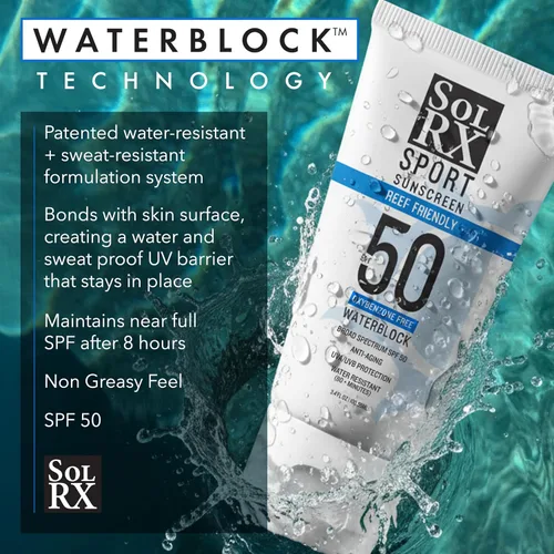 Vista 3 de SolRX SPORT SPF 50 Protector solar, sin oxibenzona, fórmula amigable con los arrecifes Diseñado para una vida activa saludable, perfecto