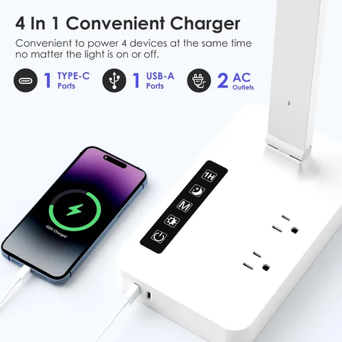 Vista 2 de Infiway Lámparas LED de escritorio para oficina en casa: lámpara de escritorio con puerto de carga USB - 1 USB-A, 1 puerto tipo C, 2 tomas de Blanco