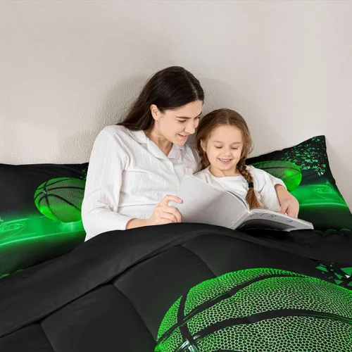 Vista 5 de Erosebridal Juego de edredón de baloncesto, tamaño individual, juego de ropa de cama deportiva de neón para niños, niñas, adolescentes, color verde
