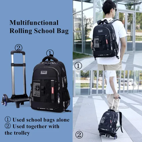 Vista 6 de Mildame Mochila con ruedas para niños, mochila escolar con ruedas, Graffiti blanco y negro 2 ruedas