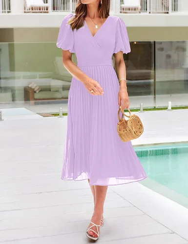 Vista 2 de MEROKEETY Vestido midi plisado con cuello en V y mangas abullonadas para mujer, para invitadas de boda