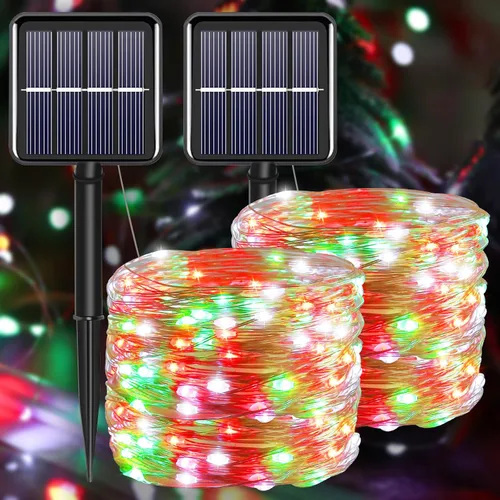 Vista 16 de Tira de luces solares azules de Navidad al aire libre impermeables, 2 paquetes, total 200 LED, 20.1 m, 8 modos, luces de hadas de cobre