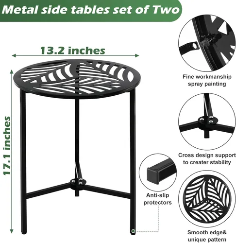 Vista 3 de Party Zealot Juego de 2 mesas auxiliares pequeñas redondas de metal, mesas de esquina de 33 cm negras para exteriores, para patio, balcón, porche u
