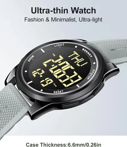Vista 63 de Beeasy - Reloj digital de pulsera resistente al agua con cronómetro, alarma, cuenta regresiva, doble zona horaria, ultrafino, pantalla angular muy