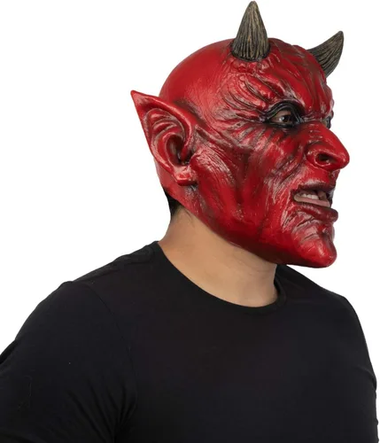 Vista 4 de Ghoulish Productions Máscara de demonio, máscara de diablo rojo. Máscara de látex de cabeza de demonio antiguo. Máscara de látex de talla única
