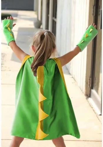 Vista 2 de Capa de dragón de dinosaurio y guanteletes disfraz de Halloween para niño y niña, ropa de vestir para niños de 2 a 6 años, color verde