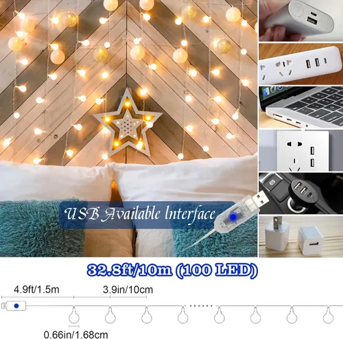 Vista 8 de Cadena de luces de globo Eoako de 38 pies, 100 LED para interiores, enchufe USB, luces de bola en cadena, luces de hadas con control remoto