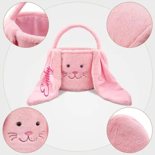 Vista 3 de Cesta de Pascua de felpa con nombre personalizado para niños, cesta de Pascua de conejo peludo con orejas largas para niños y niñas, cesta de caza