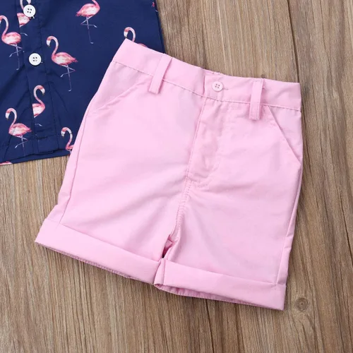 Vista 6 de Conjunto de camisa de manga corta con botones y pantalones cortos casuales con diseño de flamingo, para bebés y niños de 1 a 6 años, atuendos