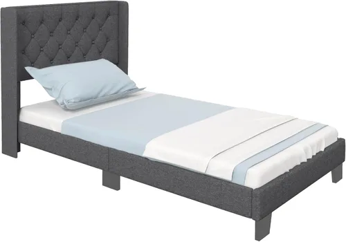 Vista 9 de Giantex Base de cama individual para niños, cama tapizada de tela moderna con cabecera capitoné con botones en la parte trasera de alas, base