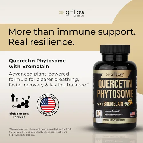 Vista 2 de gflow vitamins Fitosoma de quercetina 95% altamente purificado con bromelina Forma de quercetina más eficaz 50 veces mayor absorción Suplemento
