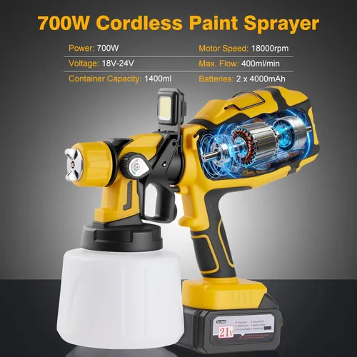 Vista 2 de Pulverizador de pintura inalámbrico de 700 W con 2 baterías de 4.0 Ah y cargador rápido, pistola eléctrica HVLP, 3 boquillas de latón, flujo